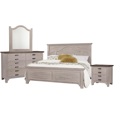 Queen Mantel Bed, Double Dresser, Arch Mirror, 2 Drawer Nightstand
