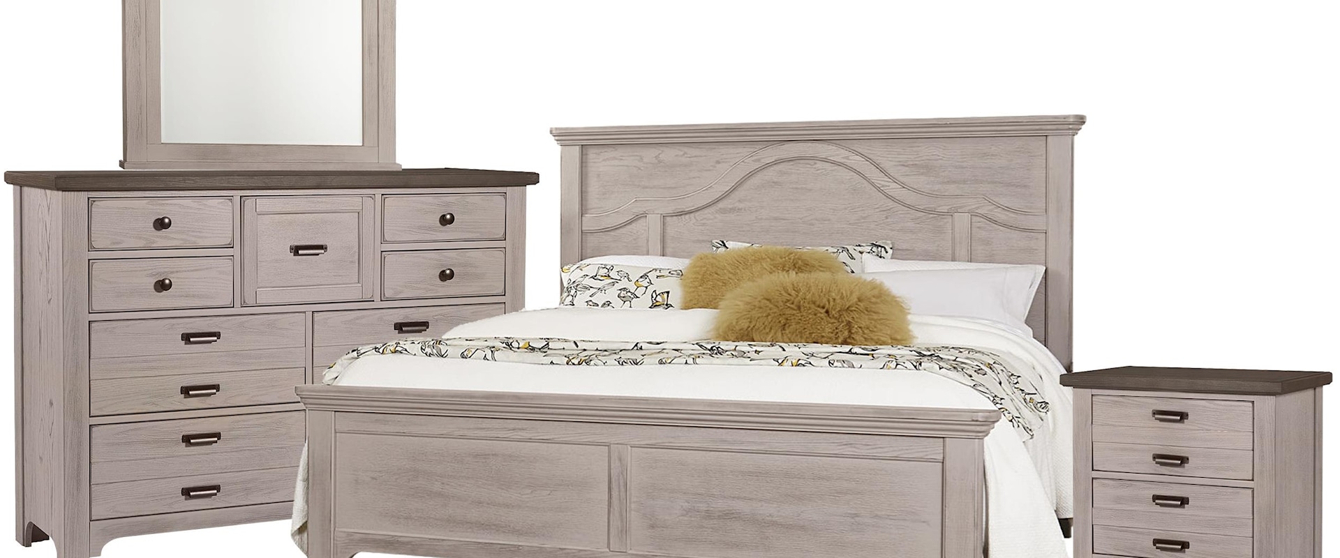 Queen Mantel Bed, 9 Drawer Dresser, Master Arch Mirror, 2 Drawer Nightstand