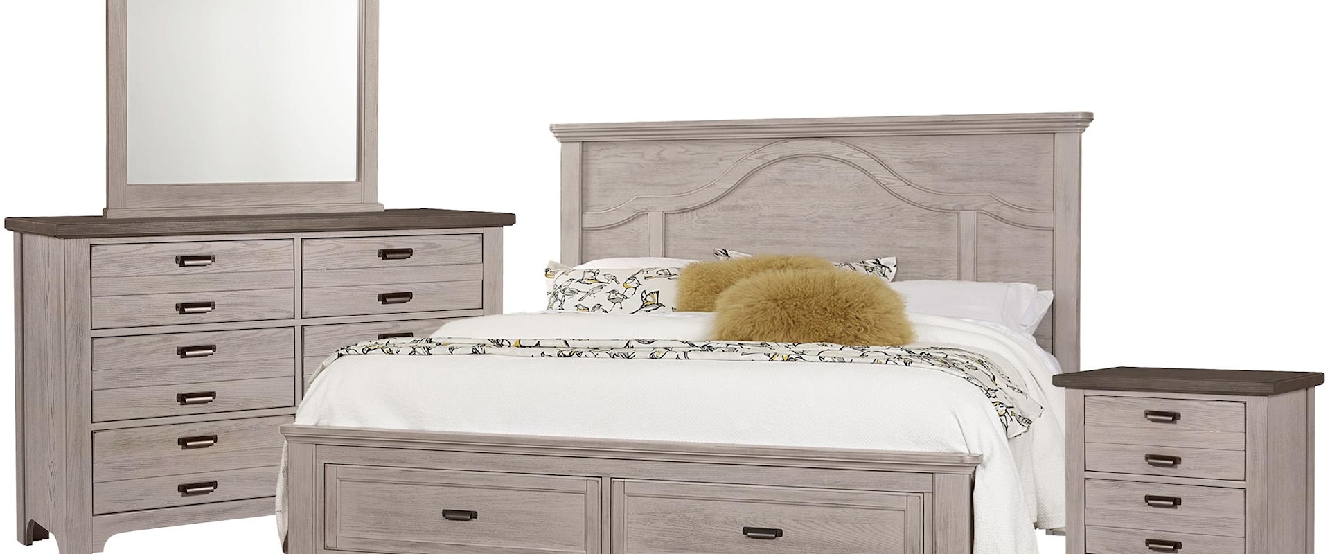 King Mantel Storage Bed, Double Dresser, Landscape Mirror, 2 Drawer Nightstand