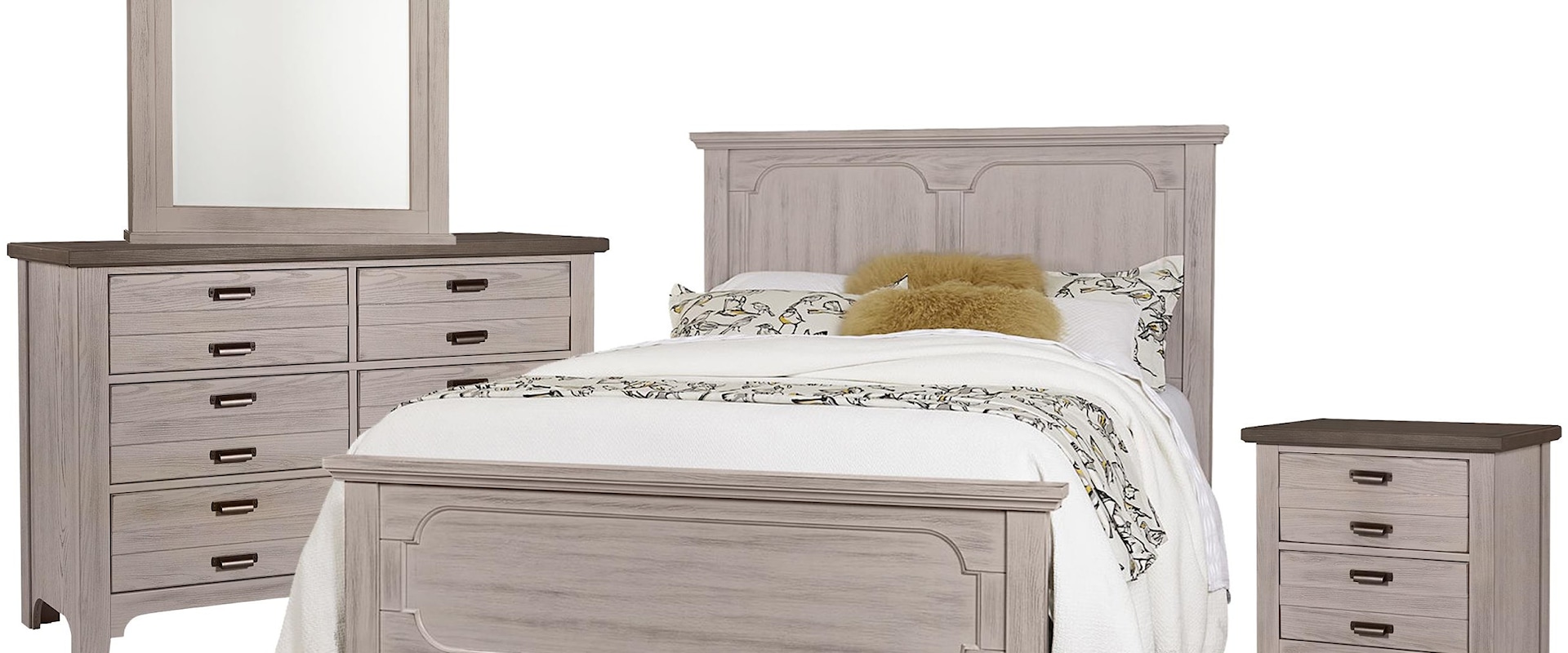 Queen Panel Bed, Double Dresser, Arch Mirror, 2 Drawer Nightstand