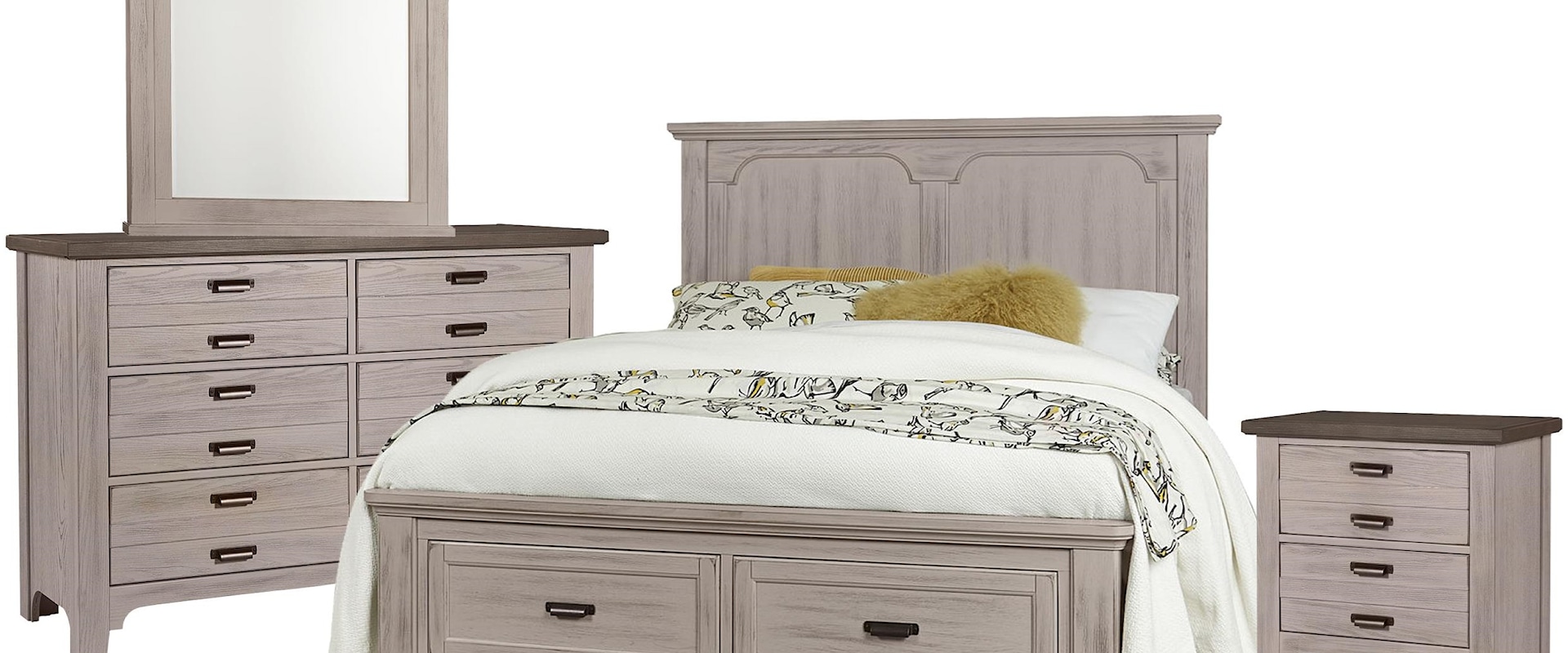 Queen Panel Storage Bed, Double Dresser, Arch Mirror, 2 Drawer Nightstand