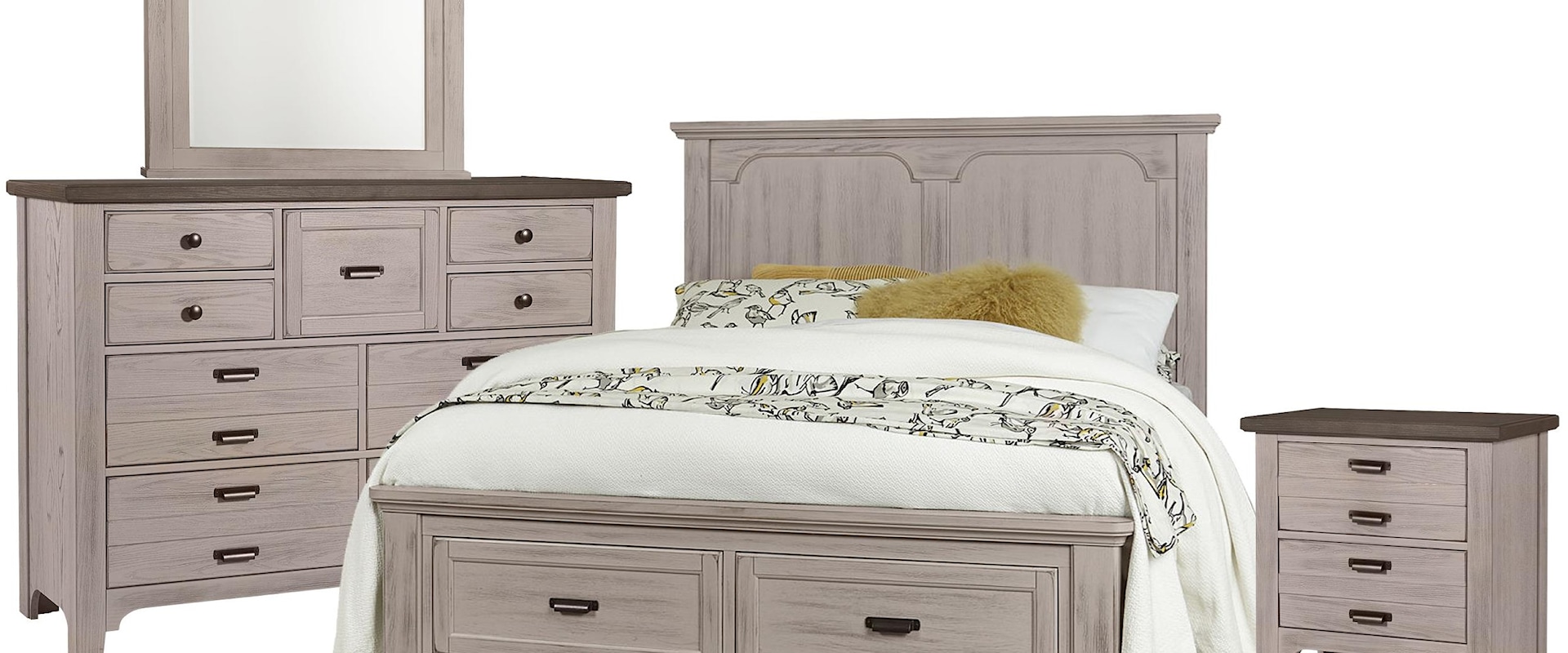 Queen Panel Storage Bed, 9 Drawer Dresser, Master Arch Mirror, 2 Drawer Nightstand