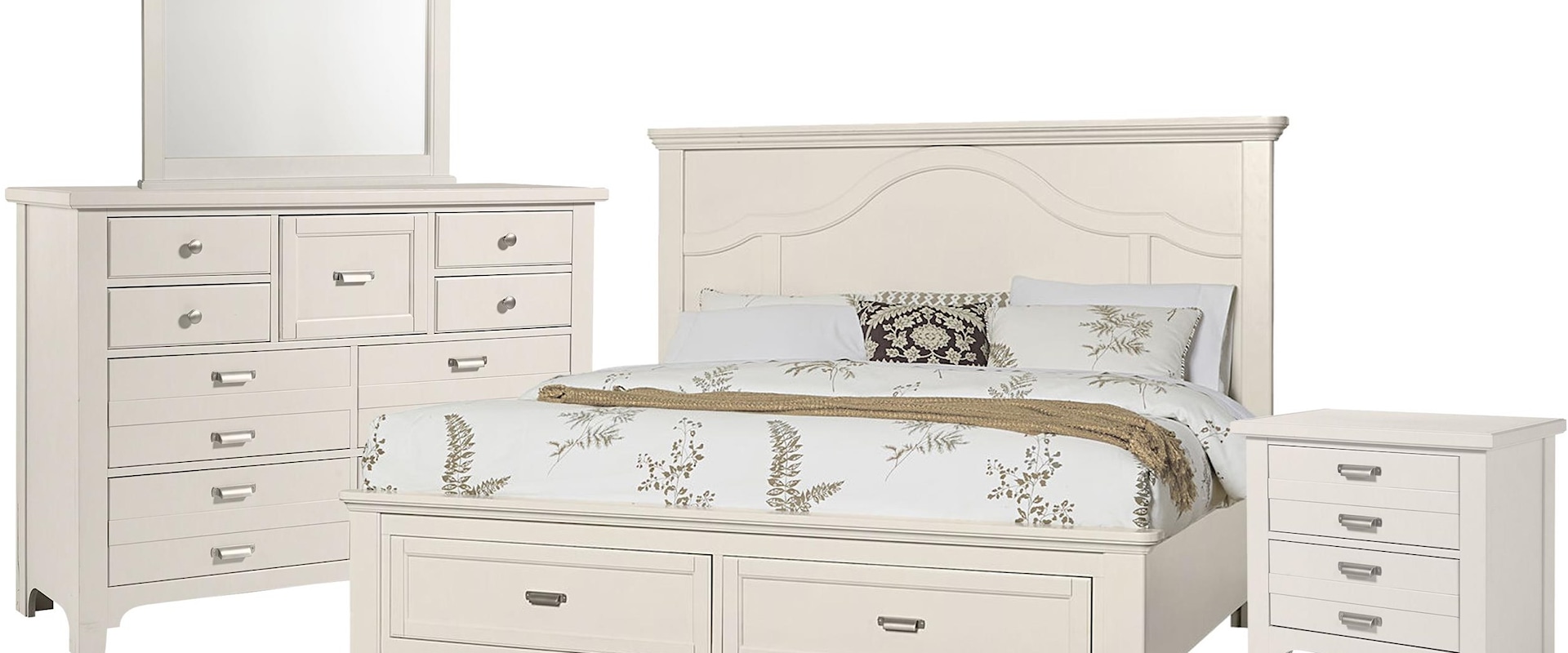 Queen Mantel Storage Bed, 9 Drawer Dresser, Master Landscape Mirror, 2 Drawer Nightstand