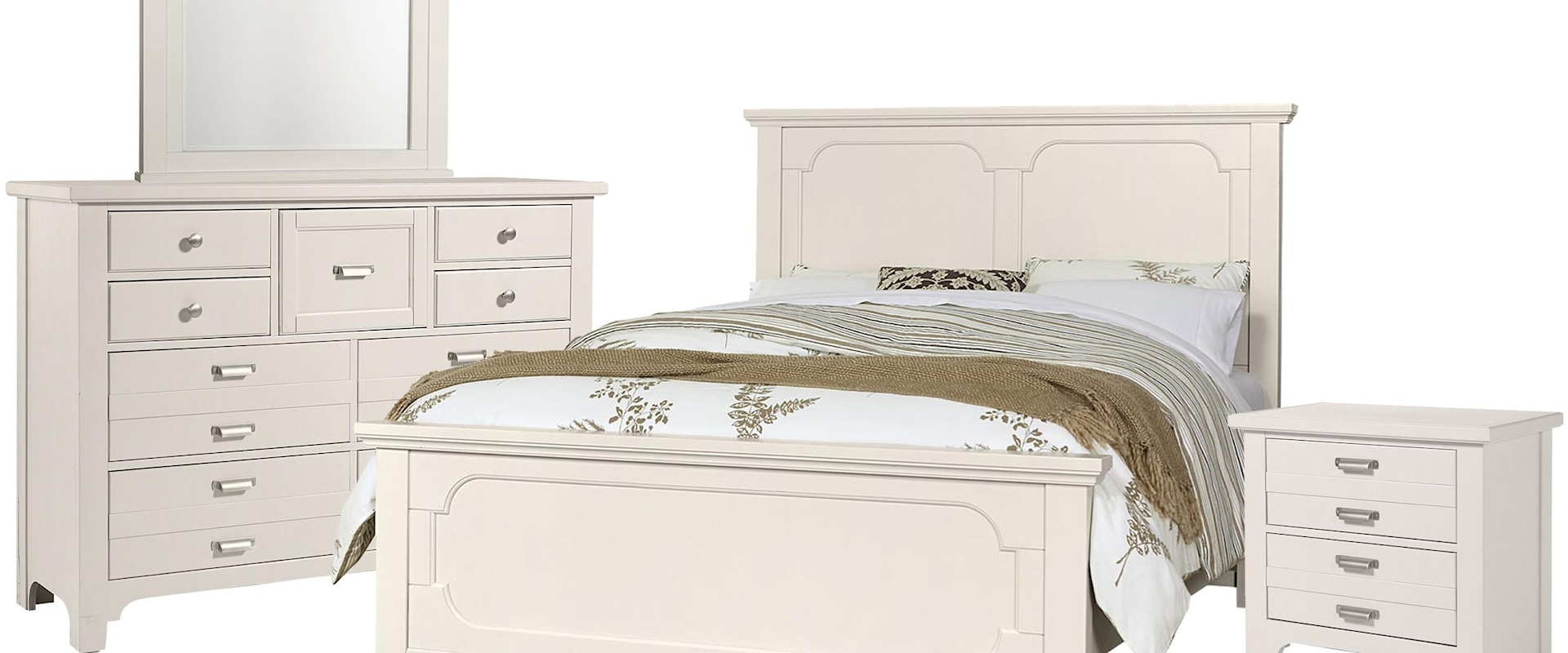 Queen Panel Bed, 9 Drawer Dresser, Master Arch Mirror, 2 Drawer Nightstand