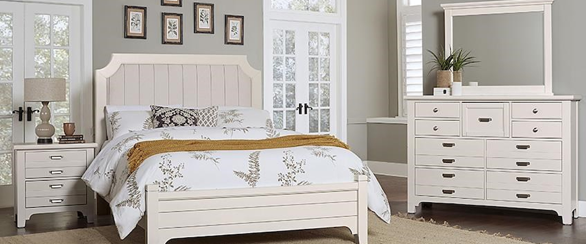 Queen Upholstered Bed, 9 Drawer Dresser, Master Landscape Mirror, 2 Drawer Nightstand