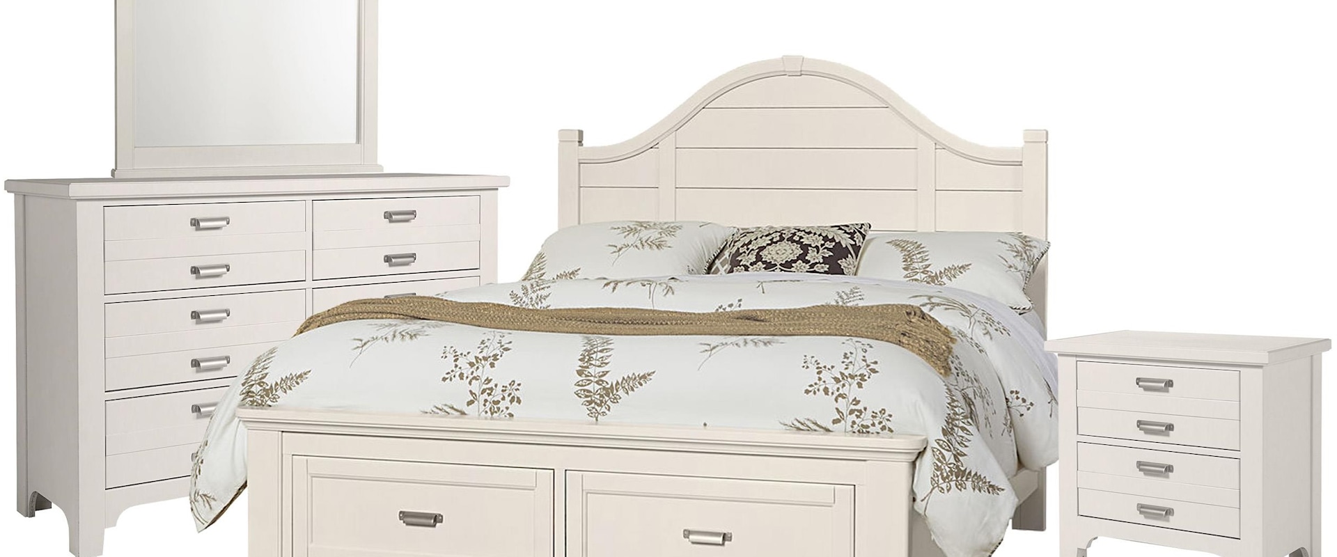 Queen Arch Storage Bed, Double Dresser, Landscape Mirror, 2 Drawer Nightstand