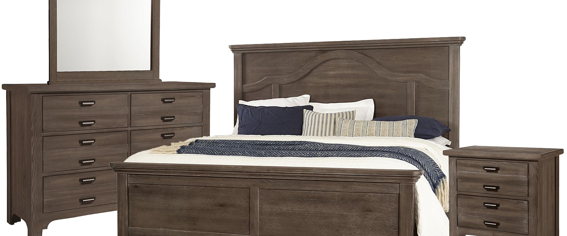 King Mantel Bed, Double Dresser, Landscape Mirror, 2 Drawer Nightstand