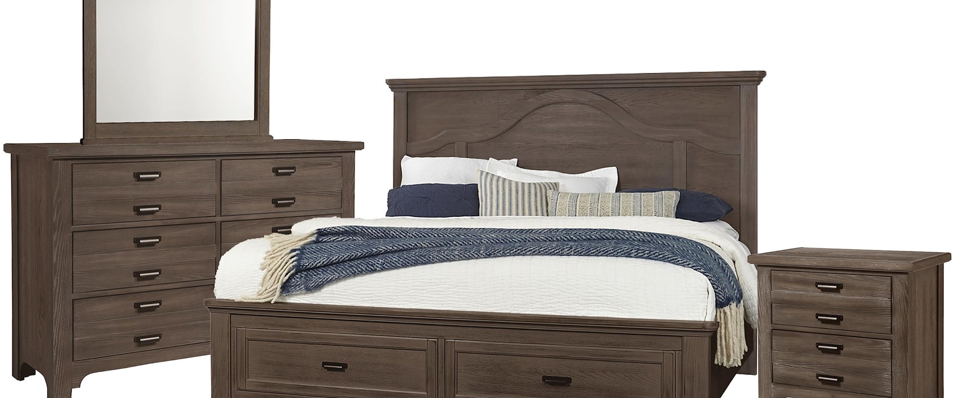 King Mantel Storage Bed, Double Dresser, Landscape Mirror, 2 Drawer Nightstand