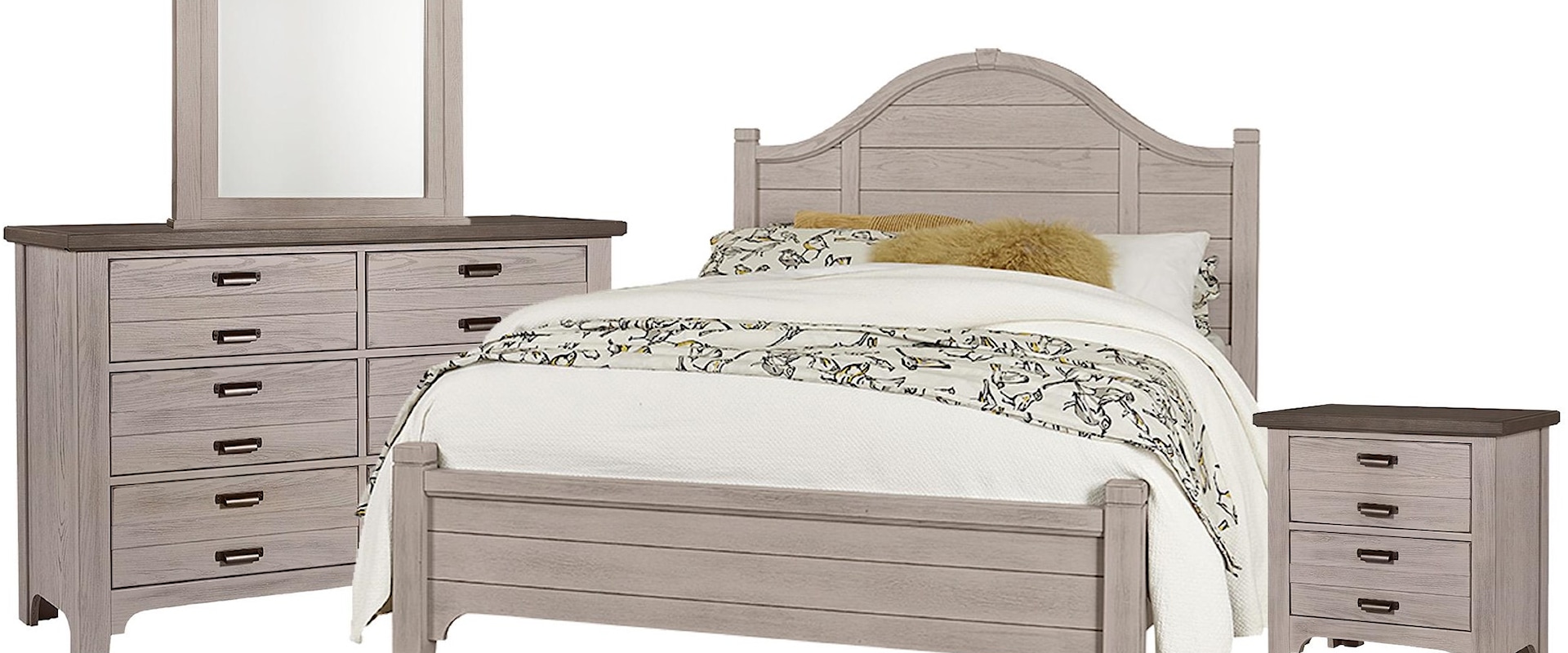 Queen Arch Bed, Double Dresser, Arch Mirror, 2 Drawer Nightstand