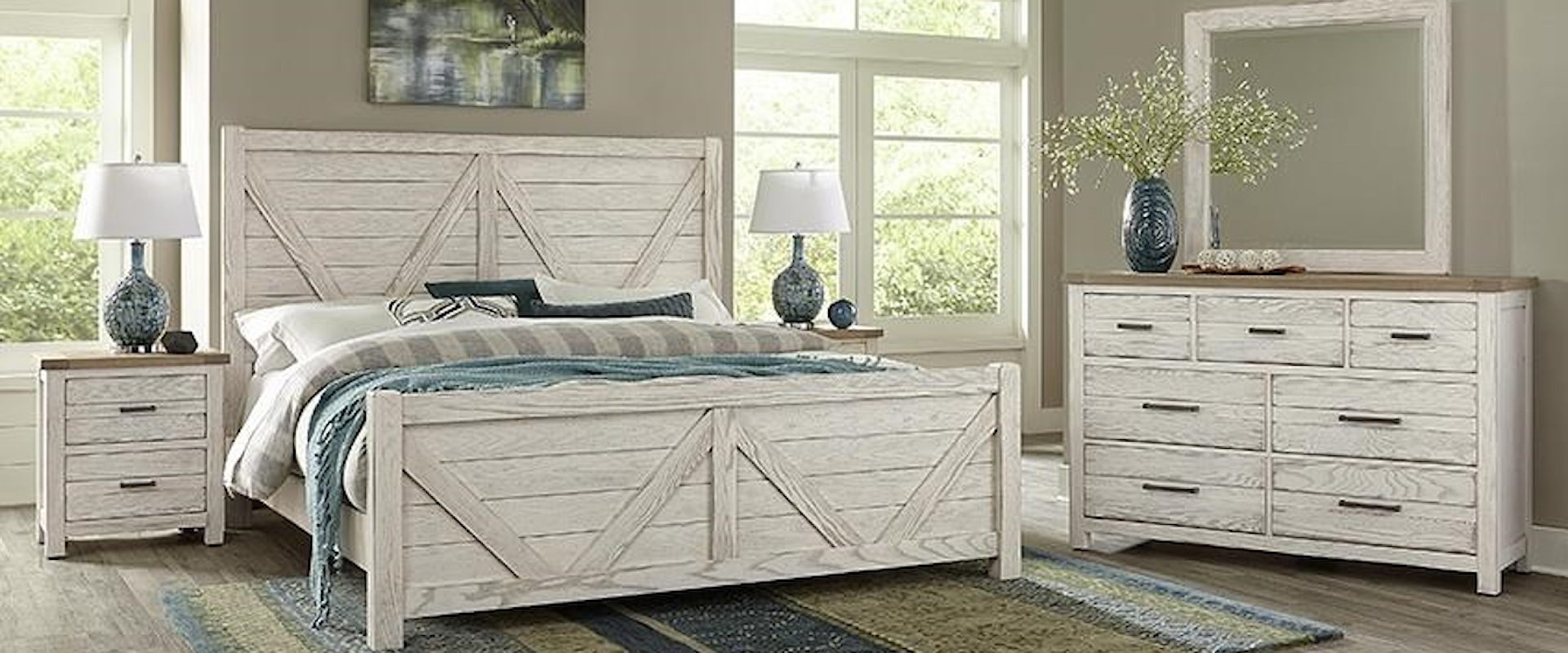 Queen V Panel Bed, 7 Drawer Dresser, Landscape Mirror, 2 Drawer Nightstand