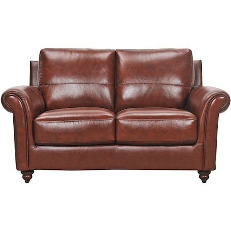 Leather Loveseat with Rolled Arms and Turned