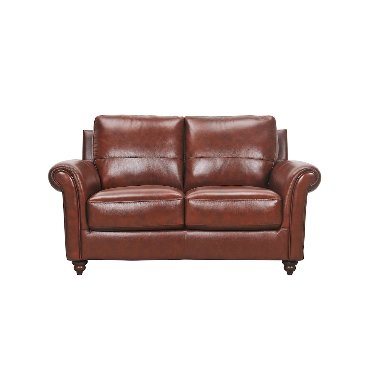 Violino Grady Leather Loveseat with Rolled Arms and Turned