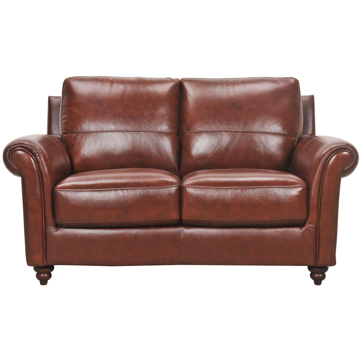 Violino Grady Leather Loveseat with Rolled Arms and Turned