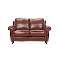 Leather Loveseat with Rolled Arms and Turned Wood Feet
