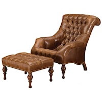 Traditional Upholstered Chair and Ottoman with Turned Wood Feet