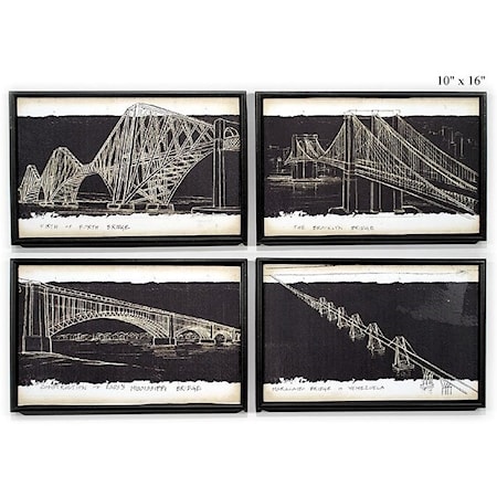 Bridge Sketch Wall Art - 10" x 16", Set of 4