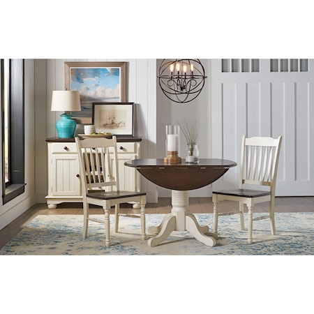 3 Piece Dining Set witih Round Dropleaf Table and Slat Back Chairs