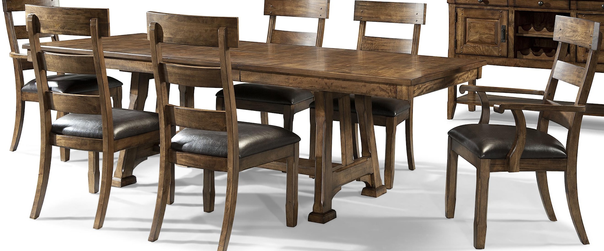 Transitional 7 Piece Trestle Table and Plank Chair Set