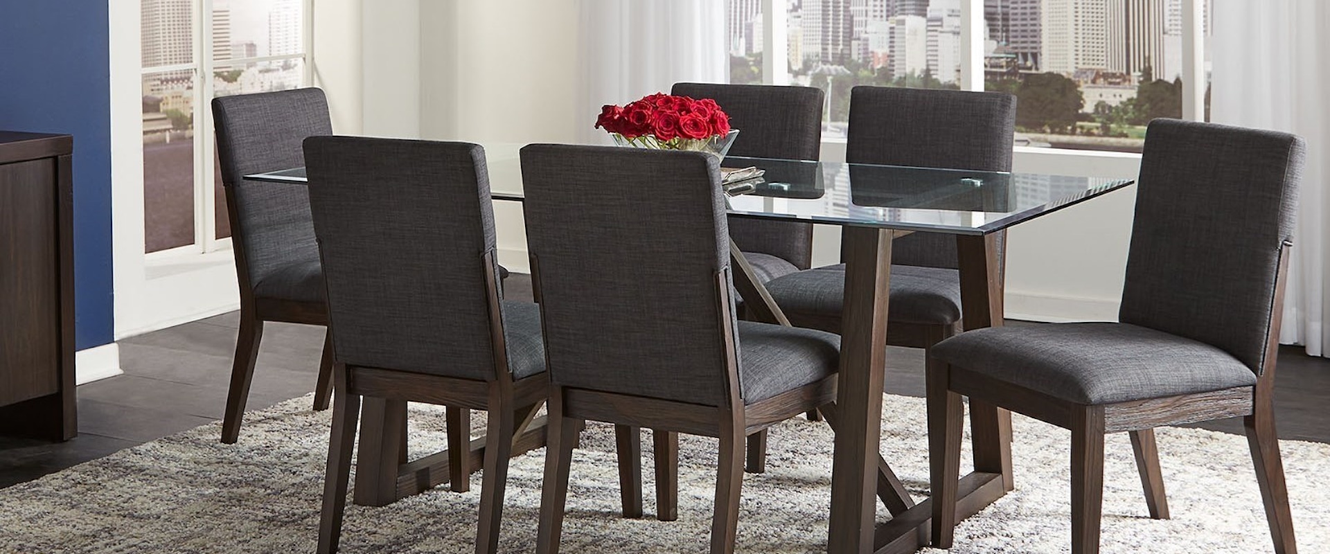 7-Piece Contemporary Dining Room Table Set with Glass Table Top