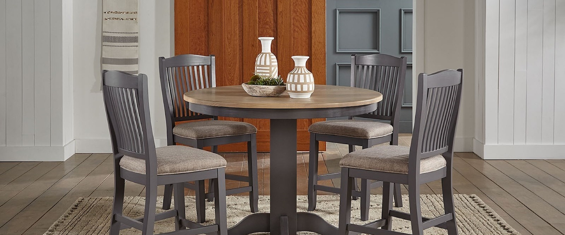 5-Piece Round Gathering Height Table and Upholstered Chair Set