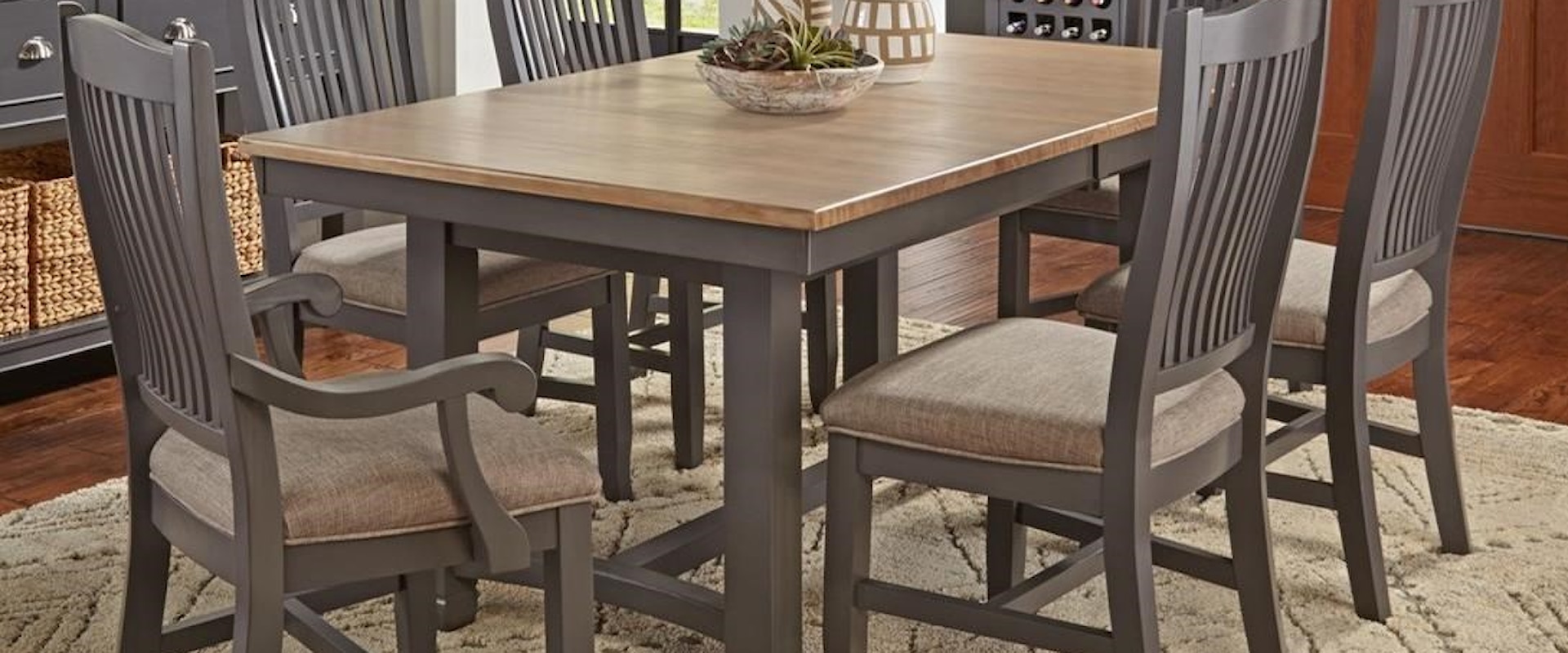 7 Pc Table & Chair Set- (Trestle Table, 4 Upholstered Side Chairs & 2 Upholstered Arm Chairs)