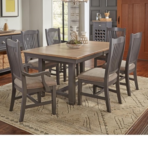 7 Pc Table & Chair Set- (Trestle Table, 4 Upholstered Side Chairs & 2 Upholstered Arm Chairs)