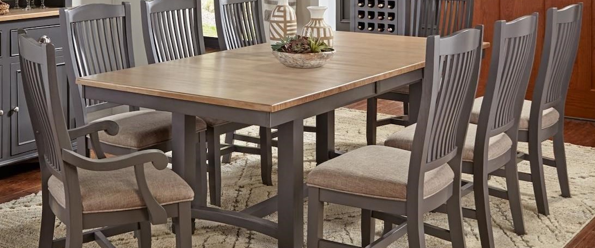 9 Pc Table & Chair Set- (Trestle Table, 6 Upholstered Side Chairs & 2 Upholstered Arm Chairs)