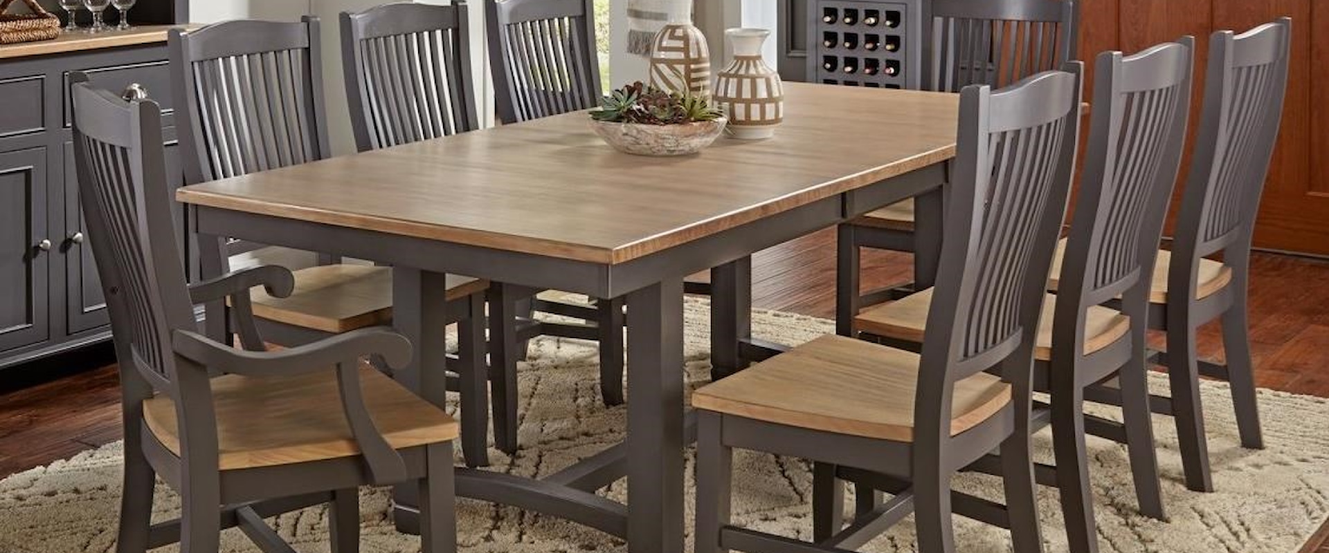 9 Pc Table & Chair Set- (Trestle Table, 6 Side Chairs & 2 Arm Chairs)