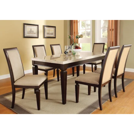 Seven-Piece Marble Top Table and Upholstered Side Chair Dining Set