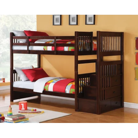 Twin Over Twin Bunk Bed with Storage Drawers and Stairs