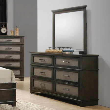 Transitional Dresser + Mirror Set with Faux Leather