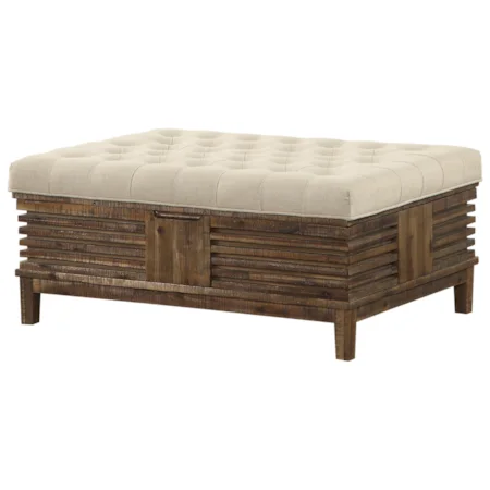 Rustic Industrial Wood Cocktail Ottoman With Beige Upholstery