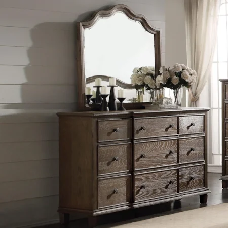Vintage Weathered 9-Drawer Dresser + Mirror Set