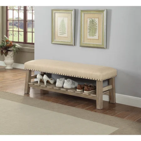 Accent Bench with Lower Shelf and Nailhead Trim