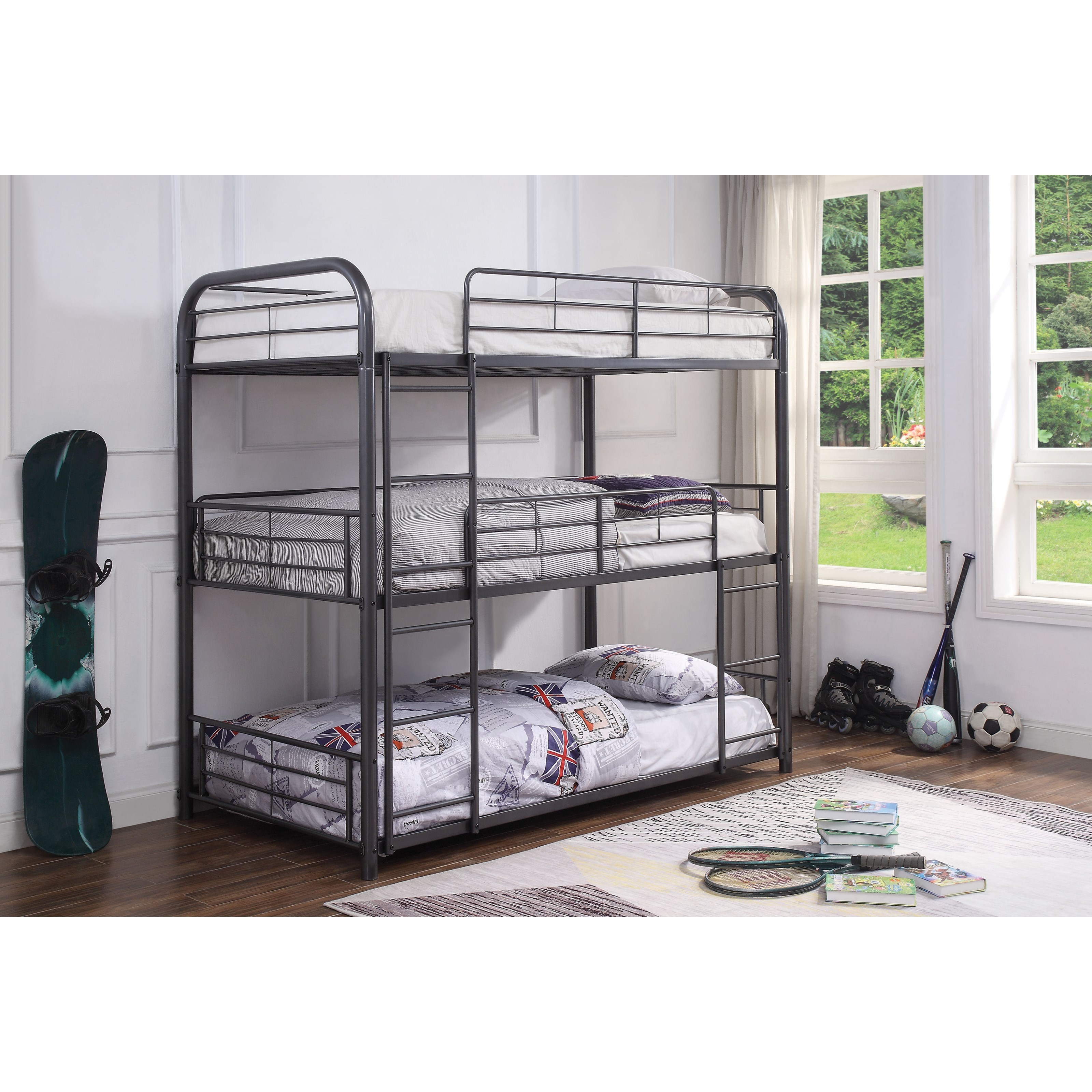 Metal triple bunk bed with mattress cheap