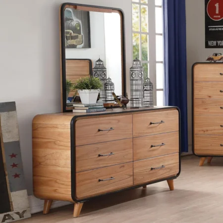 Mid-Century Modern 6-Drawer Dresser and Mirror Set