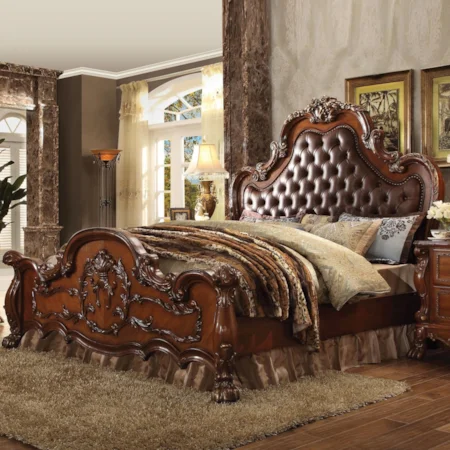 Traditional European Style King Upholstered Bed with Faux Leather Headboard