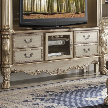 Traditional European Style Carved Wood TV Stand with Glass Door