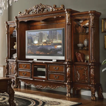 Traditional European Style Carved Wood Entertainment Center with Touch Lighting