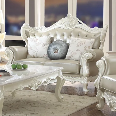 Ornately Carved Traditional Tufted Leather Loveseat with 3 Accent Pillows