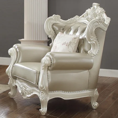 Ornately Carved Traditional Tufted Leather Chair with Accent Pillow