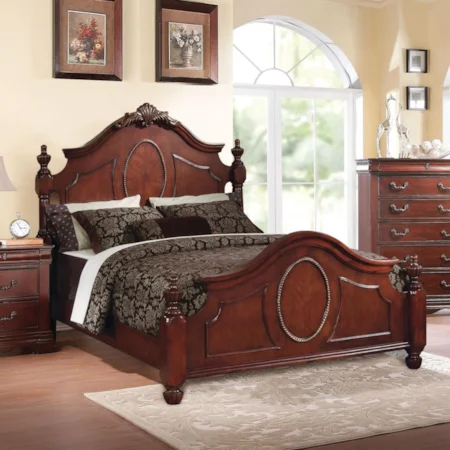 Traditional California King Poster Bed with Decorative Motif