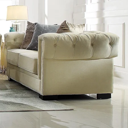 Transitional Chesterfield Style Loveseat with Key Arms and Nailheads