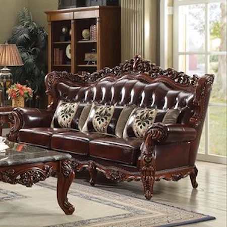 Ornately Carved Traditional Sofa with Exposed Wood Wing Back and Tufted Leather