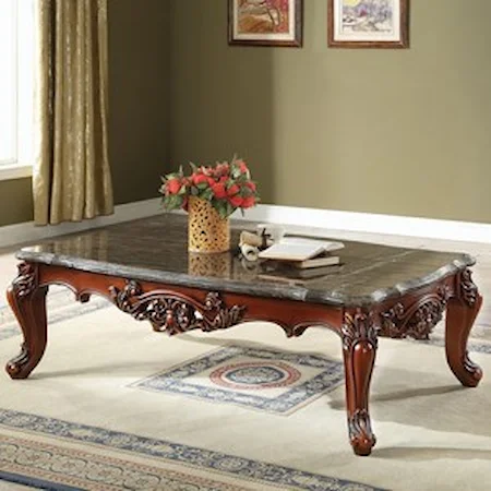 Ornately Carved Traditional Coffee Table with Black Marble Top