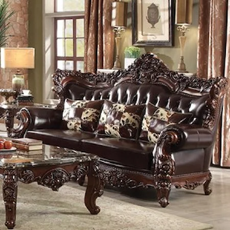 Ornately Carved Traditional Sofa with Exposed Wood Wing Back and Tufted Leather