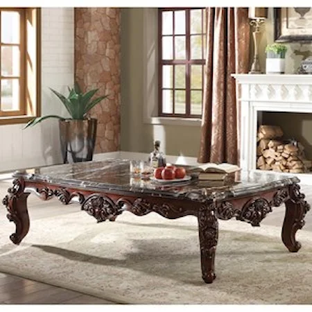 Ornately Carved Traditional Coffee Table with Black Marble Top