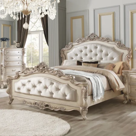 Traditional Tufted Queen Bed with Ornate Carvings