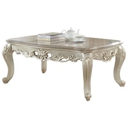 Traditional Antique White Coffee Table with Marble Top