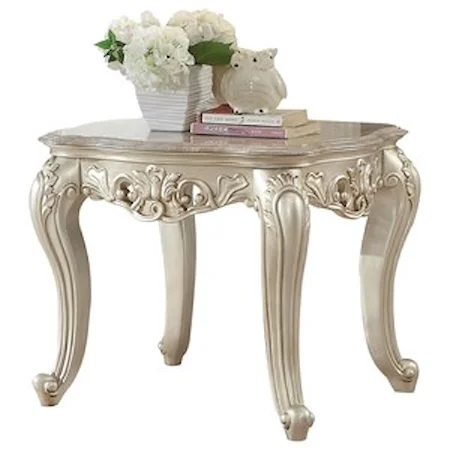 Traditional Square Antique White End Table with Marble Top